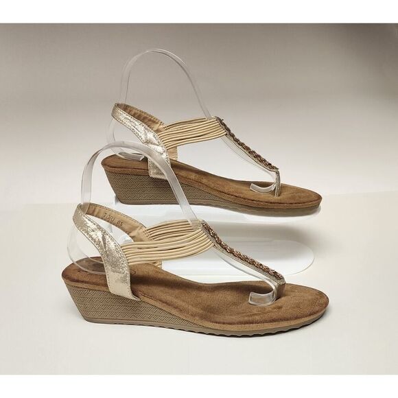 GC Shoes Tori Rhinestone Strap Wedge Sandals, Open Toe Elastic Slingback 8.5 - Picture 3 of 11